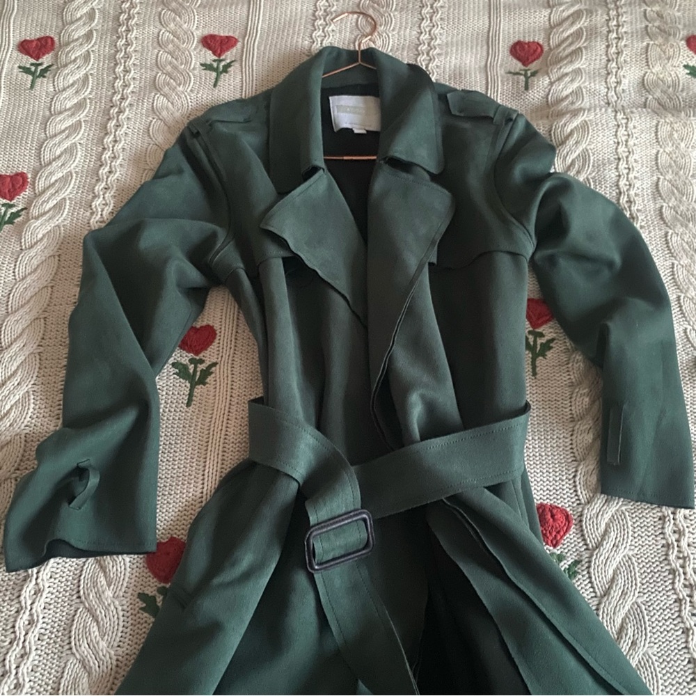 Anthropologie Deep Green faux suede Trench Coat